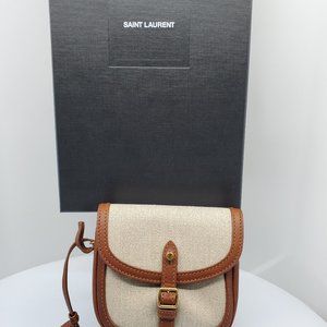 Saint Laurent YSL Linen Cognac Leather Saddle Bag